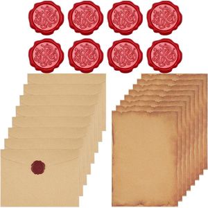 Vintage briefpapier enveloppenset - 24 stuks vintage kraft papieren enveloppen met 8 wax seal stickers - Romantische liefdesbrief voor bruiloft - Papierset met enveloppen
