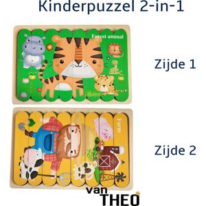 Houten Puzzel - Dubbelzijdige Kinderpuzzels - Set 2-in-1 - Montessori Speelgoed - Set Jungle Dieren en Boerderij