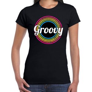 Groovy verkleed t-shirt zwart voor dames - discoverkleed / party shirt - Cadeau voor een disco liefhebber XS