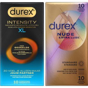 Durex - 20 stuks Condooms - Intensity XL Nieuwste generatie ultradun, gedeelde lichaamswarmte 10st - Nude Huid op Huid gevoel Extra Lube 10st - Voordeelverpakking
