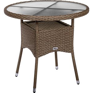 Ronde tuintafel - Tuintafel - Bistrotafel - Terrastafel - Rond - Met glasplaat - Weerbestendig - Polyrotan - Lichtbruin - 80 x 80 x 75 cm