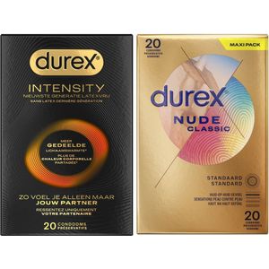 Durex - 40 stuks Condooms - Intensity Nieuwste generatie ultradun, gedeelde lichaamswarmte 20st - Nude Huid op Huid Gevoel 20st - Voordeelverpakking