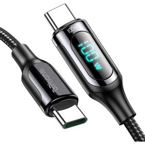 DrPhone TITAN5 USB C naar USB C Nylon Gevlochten Kabel met LED Display - 100W PD 5A QC 3.0/4.0 – 480 Mbps Dataoverdracht – Oplader - Oplaadkabel – 1 meter – Zwart