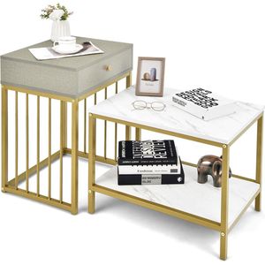 Set van 2 salontafel met marmerlook, bijzettafel met goudkleurige metalen poten, moderne koffietafels voor woonkamer en slaapkamer, wit en grijs
