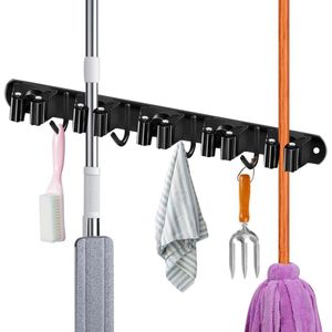 Plus - Bezemenhouder voor muur - Zelfklevend - RVS - 5 houders & 4 haken - Gereedschapshouder - Tuin gereedschapshouder - Zwart
