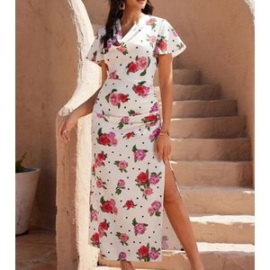 Prachtige elegante sexy corrigerende bloemenjurk jurk wit met rozen maat L