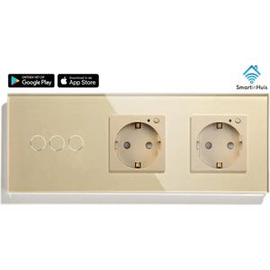 SmartinHuis – Slimme serieschakelaar (3) + tweevoudig stopcontact – Goud – Wifi – Hotelschakelaar – 3 lampen