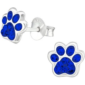 Joy|S - Zilveren kat hond dierenpoot oorbellen - 7 x 6 mm - saffier blauw - poot afdruk - kinderoorbellen