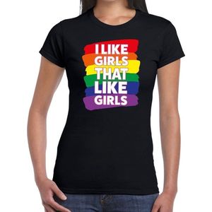 Gay pride I like girls that like girls t-shirt zwart met regenboog voor dames - lgbt kleding S