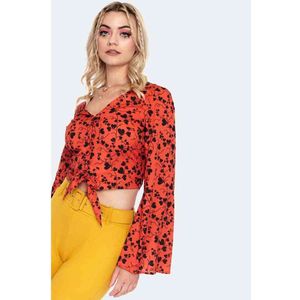 Voodoo Vixen - 60s Bleeding Hearts Print Flare Sleeve Button Front Longsleeve top - L - Oranje