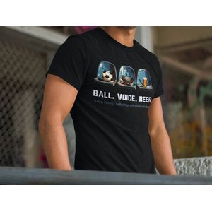 Voetbal Fanshirt - Ball. Voice. Beer. - De heilige drie-eenheid van de wedstrijddag - Zwart Maat S