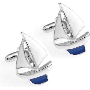Zeilboot Manchetknopen wit/blauw Zilver