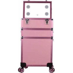 Make up Koffer met spiegel en 4 ingebouwde UV lampen en stekker voor netstroom - Roze Kleur - gemaakt van Aluminium - Bekleed met een hoge kwaliteit Roze fluweel- Driedelig - 8 wielen - Kapper - Nagel - Visagie - Cosmetica - Schmink - Beauty koffer