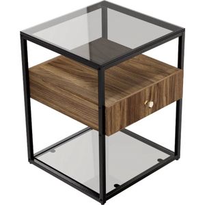 Nachtkastje - Bijzettafel - Glazen tafel - Tafel - Gehard glas - Met lade - Stalen frame - Zwart - Hout - Glas