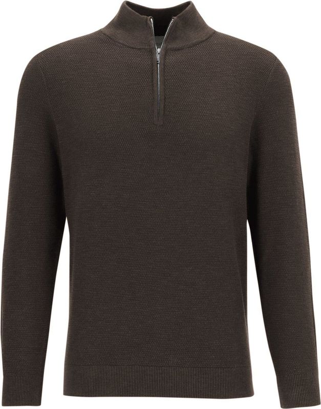 Profuomo - Slim Fit Trui - Katoen - Bruin - Korte Rits