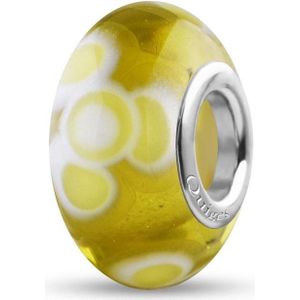 Quiges - Glazen - Kraal - Bedels - Beads Geel Transparant met Wit Gele Bloemen Past op alle bekende merken armband NG511