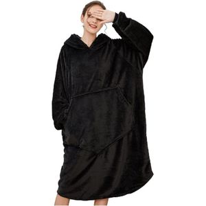 Hoodie deken dames oversized sweatshirt deken unisex sherpa hoody, pullover deken warme capuchon pullover deken pyjama voor volwassenen jongeren oversized hoodie sweatshirt - Zwart