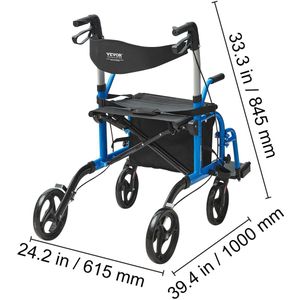 2-in-1 Rollator en Transportstoel Blauw - Opvouwbaar - Aluminium Frame - Rollator/Wandelhulp en Rolstoel Combinatie - Grote Wielen 8""/10"" - Verstelbare Hoogte - Veilig Remsysteem - Lichtgewicht en Draagbaar