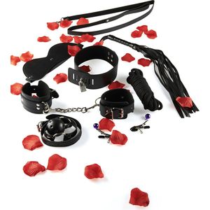 BDSM Starter Kit - Volledige Set - 8 Delig - Handboeien - Touw - Zweep - Ball Gagg - Klemmen - Zwart