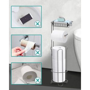 Staande toiletrolhouder met bovenste plank, metalen papieren handdoekhouder met dispenser en opbergruimte voor de badkamer, dispenser voor 3 reserve rollen, grijs.