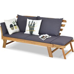 Houten Tuinbank met Ligfunctie – 2-3-Zits, Inklapbare Zijleuningen, Grijs, 157x75x75 cm