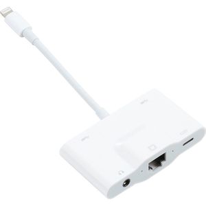 Ethernet + 8-Pins (Lightning) + USB (OTG) + AUX 3.5mm jack adapter geschikt voor iPhone en iPad - multifunctionele internet adapter LAN kabel - wit - Provium