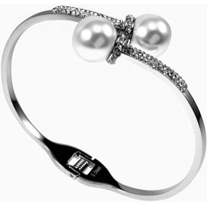 Bangle Dames - Roestvrij Staal - Open Armband met Parels en Zirkonia's