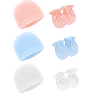 6 caps en handschoenen voor pasgeborenen - mooie katoenen mutsen en sokken voor jongens en meisjes van 0 tot 6 maanden (roze lichtblauw wit)