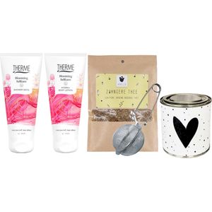 Therme Cadeauset Zwanger Mama Self Care & Thee - Therme Shower 200 ml Blooming Selfcare - Therme Body Lotion 200ml Blooming Self Care - ARELO Zwangere thee 25gr