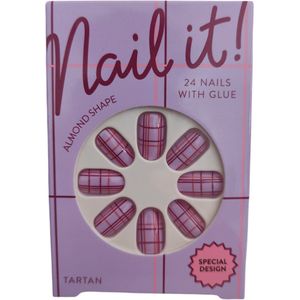 Nep Nagels Classic Design Taran Special Design - Kunststof - Lilla /Neon roze lijnen / Donker Paars- 24 Nagels met Lijm - Almond Shape - Plak nagels - Kunstnagels