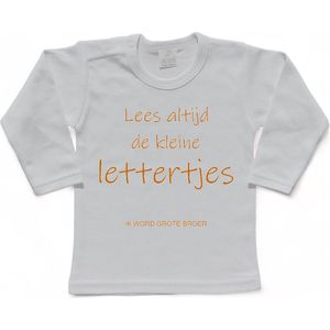 Shirt Aankondiging zwangerschap ""Lees altijd de kleine lettertjes (ik word grote broer)"" | lange mouw | Wit/tan | maat 98 zwangerschap aankondiging bekendmaking Baby big bro brother