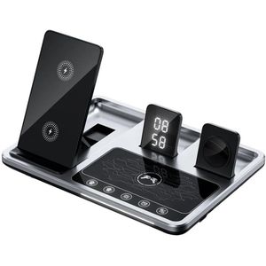 DrPhone TimeCharge – 4-in-1 Draadloze Oplader Dock met Klok - Snelladen Tot 30W – Ingebouwde Beveiliging – LED Verlichting - Geschikt Voor Apple/Samsung/Huawei/Xiaomi Telefoon / Draadloze Oordoppen / Smartwatch Zie Specificaties Voor Compatibiliteit