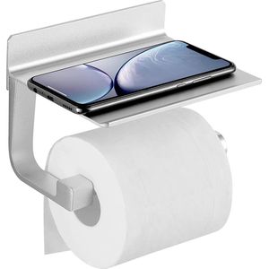 Toiletrolhouder met plank Mobiele telefoon, gekleurde papierhouder zonder boren, roestvrij aluminium toiletrolhouder voor toilet keuken badkamer muurbevestiging met spijker of 3M lijm, zilver