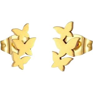 Aramat Jewels - Oorbellen - Goudkleurige Oorknopjes - 3 Vlinders - stainless steel - 10mm x 6mm - Elegante Sieraden - Uniseks - Perfect Cadeau - Voor Speciale Gelegenheden - kinderoorbellen - vlinder oorbellen - oorstekers dier