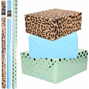 6x Rollen kraft inpakpapier/folie pakket - panterprint/blauw/groen zilveren stippen 200 x 70 cm / dierenprint - tijgerprint papier