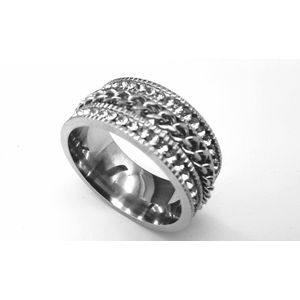 RVS - Ring - Dames - Chique - brede - maat 17 - met beide zijde strass steentjes en midden een schakelketting die je mee kan draaien.