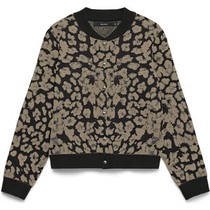 VERO MODA Dames Vest Zwart – Panterprint Gebreid – Regular Fit – Ronde Hals Lange Mouw