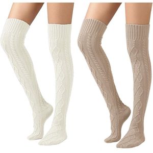 Kniekousen - 2 stuks - Kousen - Laarssokken - Lange Kniekousen - Gebreide Kousen - Elastische Knie Sokken - Winter lange sokken - Warme Sokken - Dames gebreide warme sokken - Warme beenwarmers - Naadloos - Wit en bruin