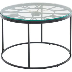 Rootz Zwarte Salontafel met Decoratieve Klok - Glas & Metaal - Modern Design - Kleine Ronde Tafel - 60x60x43 cm