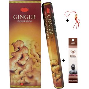 Doos met 120 stokjes - Wierook - Wierookstokjes - Incense sticks - Gember - Ginger + 5 mini wierookstokjes + Gelukspoppetje