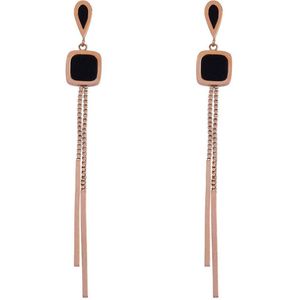 Chic by Lirette - RVS Rosé Zwart Oorbellen Druppel Vierkant - Elegante Oorhangers - Rose Goud inc. Sieradenzakje