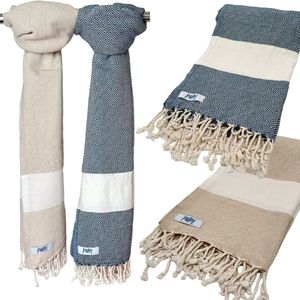 MEBY Set van 2 saunahanddoeken XXL 90 x 180 cm 100% katoen strandlaken Turkse badhanddoek yogahanddoek pestemal picknickdeken reishanddoek strandlaken pestemal (beige en petrol)