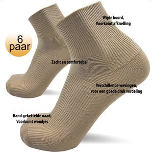 Nakkie's - Korte diabetes sokken - 6 paar - Beige - Maat 39/42 - wijde boord - Diabetes sokken - Quarter sokken - Lage sokken - Korte sokken