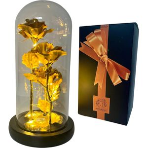 Gouden roos in glazen stolp met LED - Romantisch cadeau - Moederdag cadeau - Valentijn cadeautje - Het Origineel - Cadeau voor vrouw, vriendin, haar - Huwelijk - Sfeervol licht - Zwarte Onderkant - Minder Verbruik