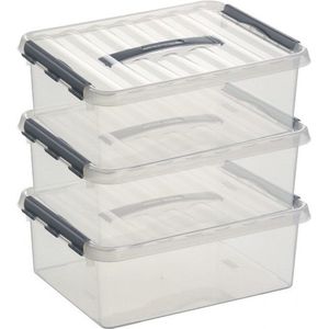 3x Sunware Q-Line opberg box/opbergdoos 12 liter 40 x 30 x 14 cm kunststof - A4 formaat opslagbox - Opbergbak kunststof transparant/zilver