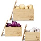 Navaris 3x houten kratten set - Voor aardappels, uien en knoflook - Set 3 fruitkisten met deksel - Van bamboe