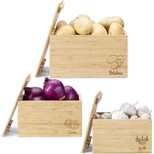 Navaris 3x houten kratten set - Voor aardappels, uien en knoflook - Set 3 fruitkisten met deksel - Van bamboe