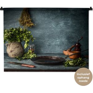 Wandkleed Kruiden en Specerijen - Rustieke tafel in de keuken Wandkleed katoen 90x67 cm - Wandtapijt met foto