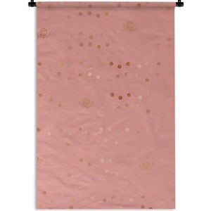 Wandkleed Luxe patroon - Luxe patroon van gouden stippen en rozen tegen een roze achtergrond Wandkleed katoen 60x90 cm - Wandtapijt met foto