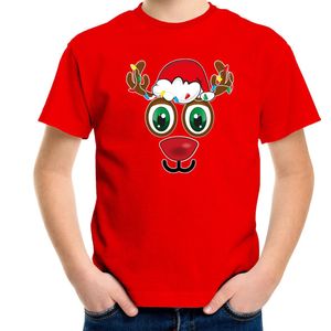 Bellatio Decorations kerst t-shirt voor kinderen - Rudolf gezicht - rendier - rood - Kerstdiner 116/134